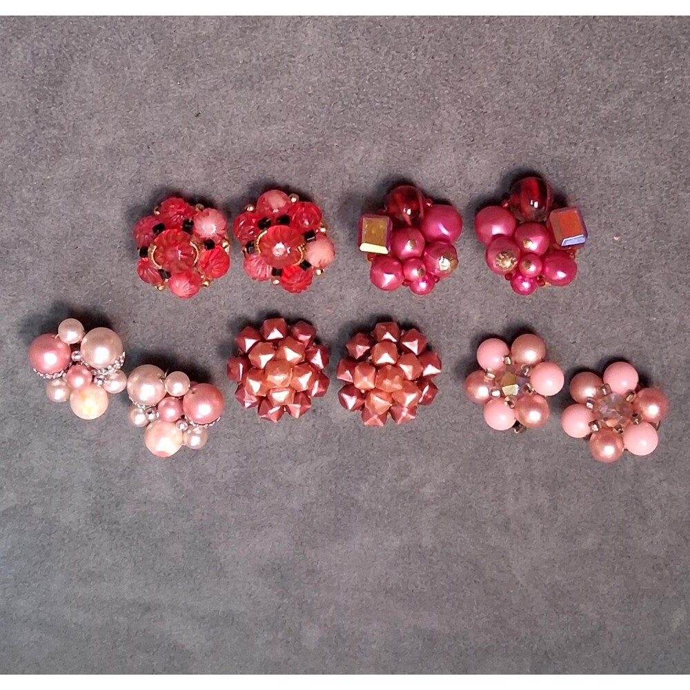 Vintage Clip-On Earrings Lot (5) Pink Red Glass Pearls Plastic